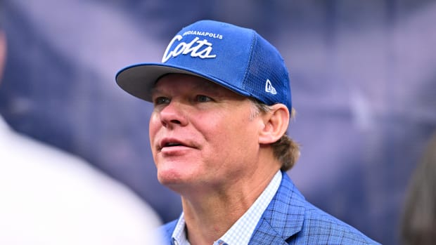 Sep 17, 2023; Houston, Texas, USA; Indianapolis Colts general manager Chris Ballard speaks with fans on the sideline prior to the game against the Houston Texans at NRG Stadium.